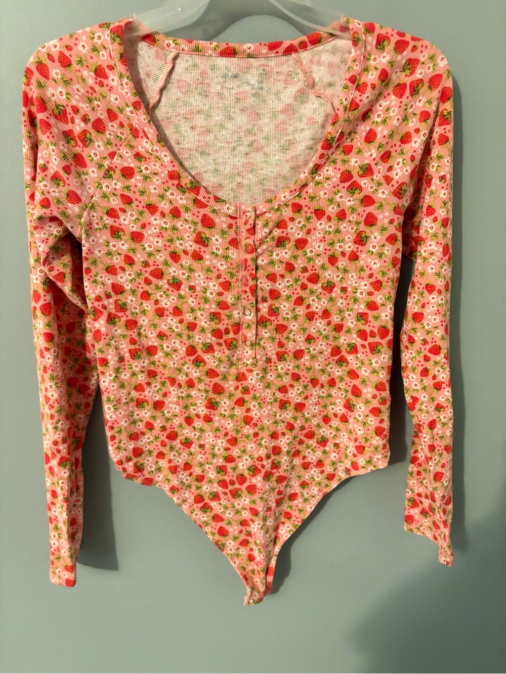aerie Pink Strawberry Print Henley Long-Sleeve Bodysuit